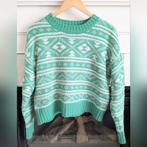 American Eagle Mint Green Fair Isle Cropped Sweater XS Cozy Nordic Knit